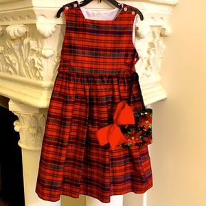 CHRISTMAS SILK DRESS, BAG & HAIR BOW...GORGEOUS LIKE NEW MINT CONDITION!